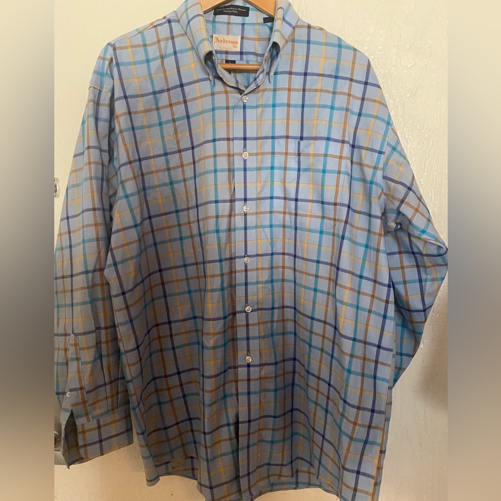 Andrew’s Inc Glendora Plaid Long Sleeve Button Down Large Stripe Blue 24” armpit